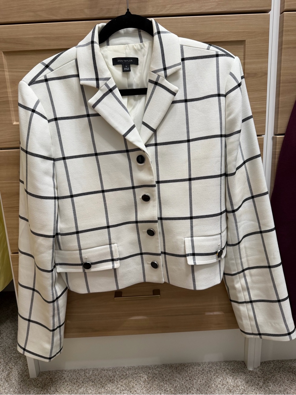 Ann Taylor White Blazer with Black Windowpane Check